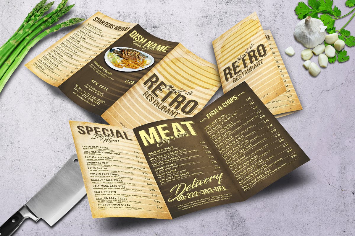 80年代复古三折页西餐厅菜单模板 80’s Retro Trifold A4 & US Letter Menu插图