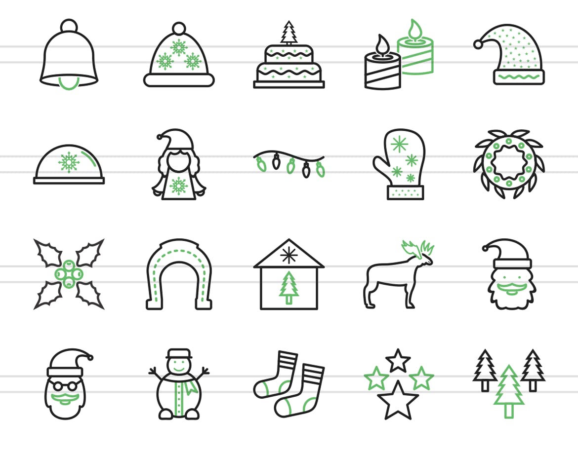40枚圣诞节主题绿黑色矢量线性图标 40 Christmas Line Green & Black Icons插图(2)
