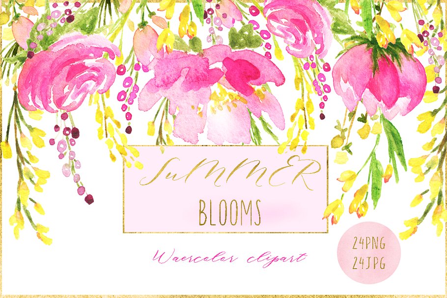 桃红色水彩花卉剪贴画 Hot pink blooms. Premium watercolors插图(2)