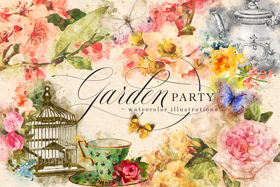 花园派对水彩剪贴画 Garden Party Watercolor Graphics插图