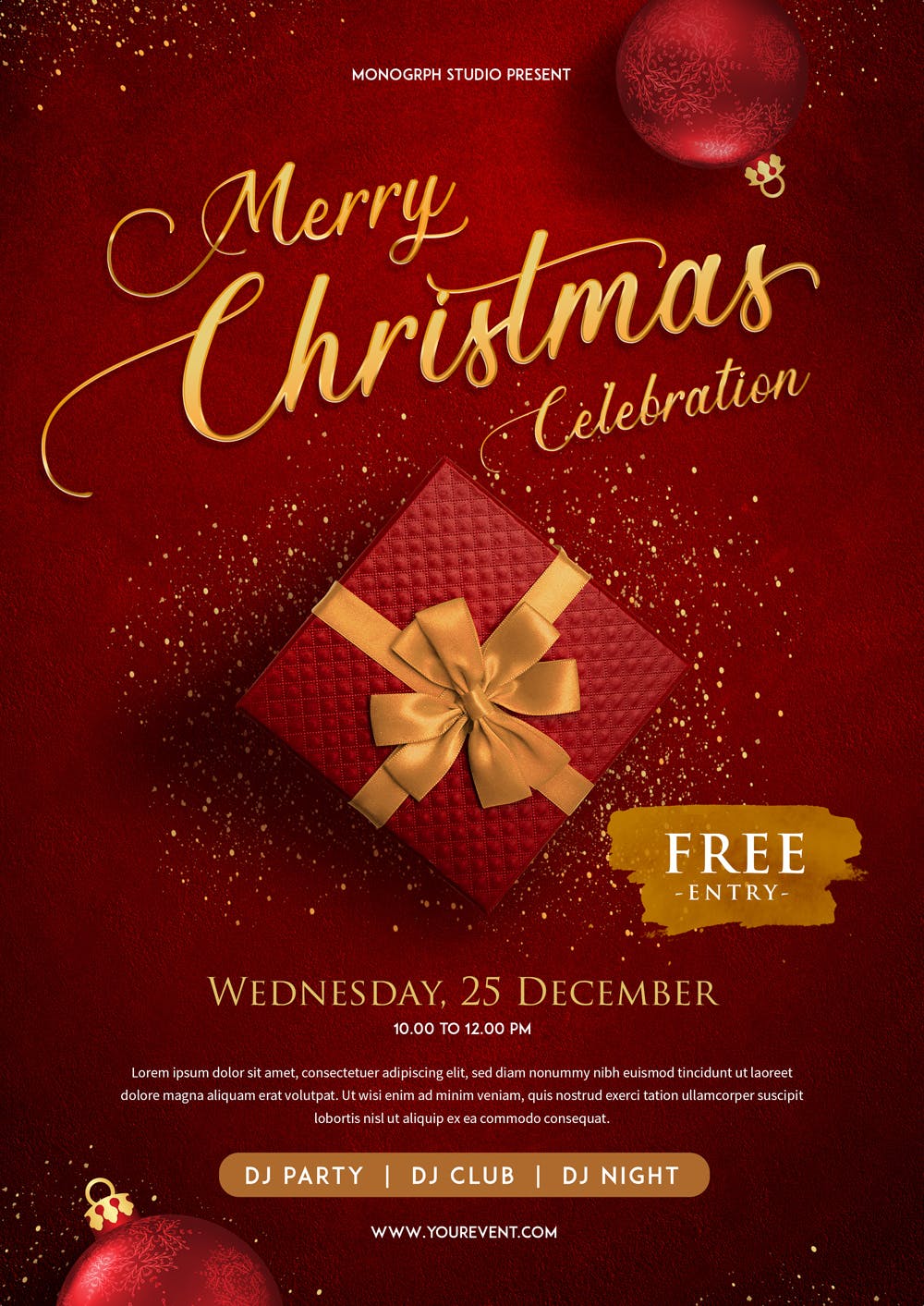 圣诞节庆祝活动深红色海报传单设计模板 Christmas Party Flyer插图(1)