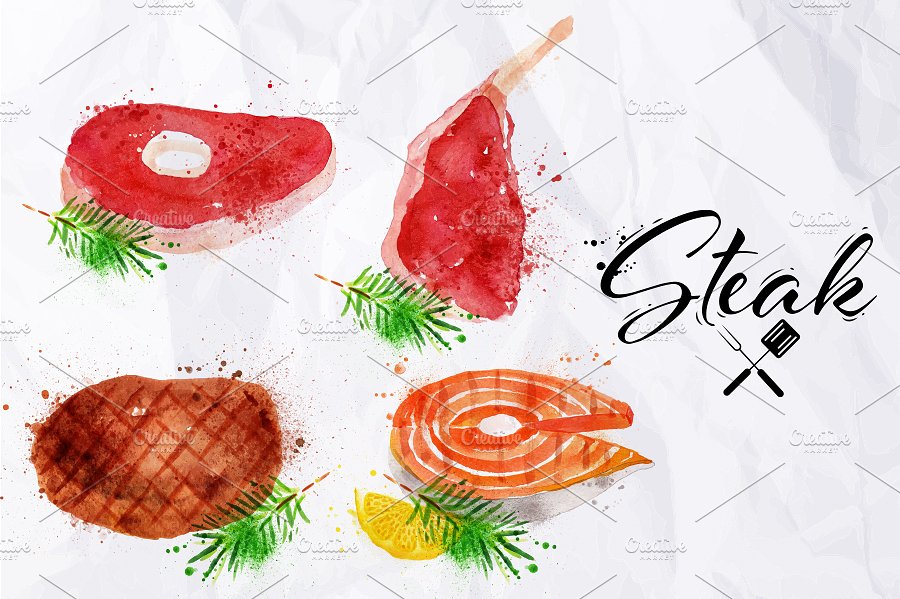 牛排/鱼排/鸡排等肉类水彩矢量插画 Set watercolor steak插图(1)