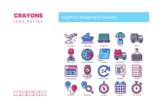 65枚蜡笔手绘物流与航运主题图标 65 Logistics & Shipping Icons | Crayons Series插图(1)