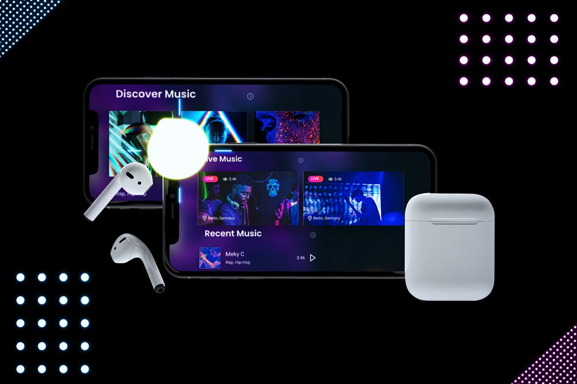 在线音乐APP设计效果图样机模板 Neon Music App MockUp插图(5)
