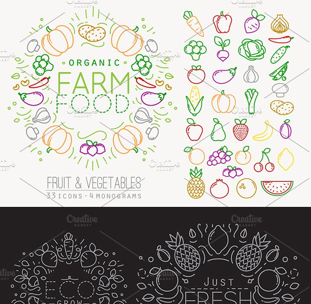 扁平化水果蔬菜食物元素插图 Flat Fruits & Vegetables Icons插图