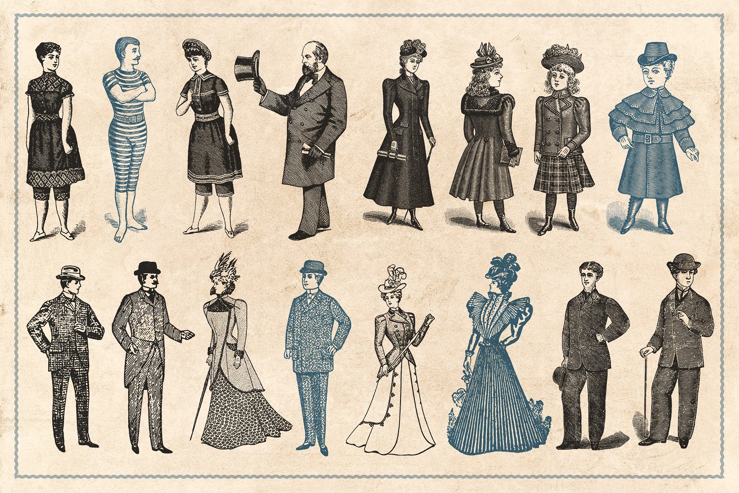 200个复古版画和男女时尚服饰的手绘插图插图(10)