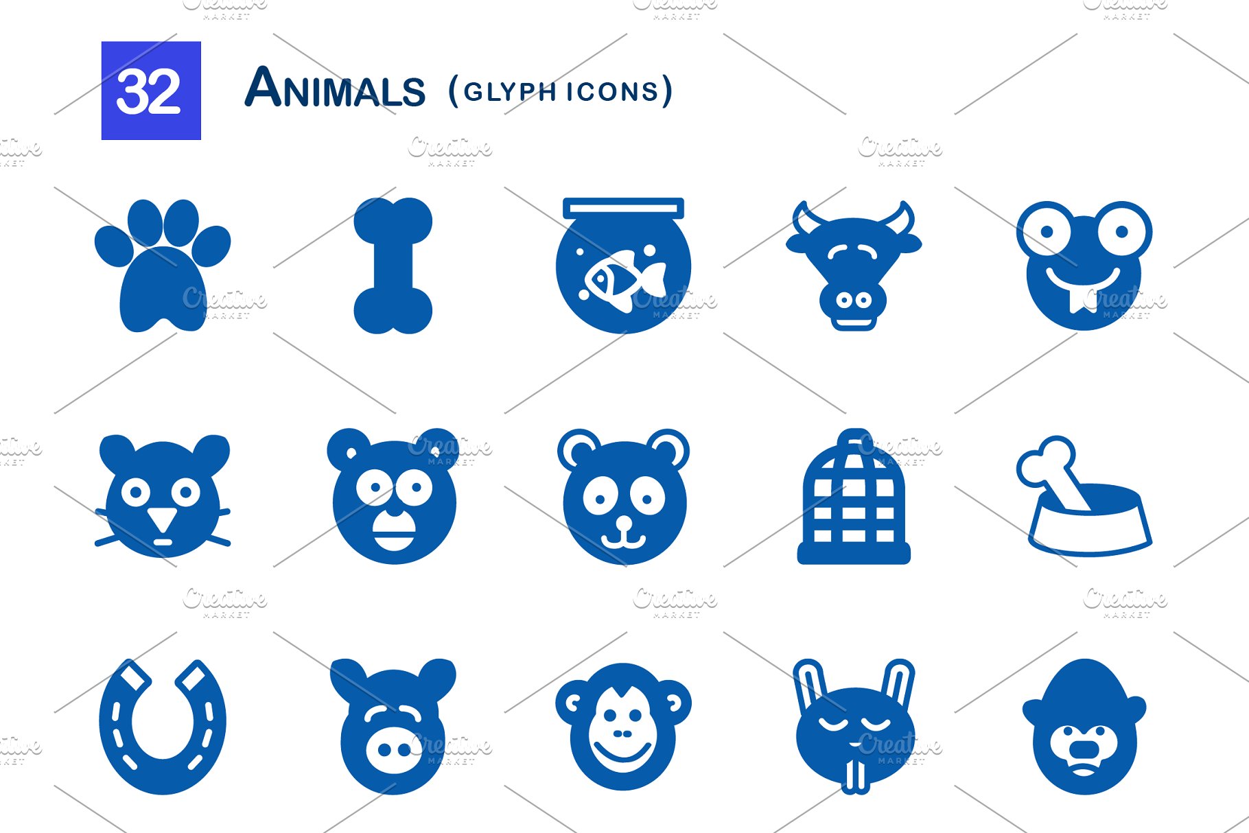 32个可爱单色动物轮廓图标 32 Animals Glyph Icons插图(1)