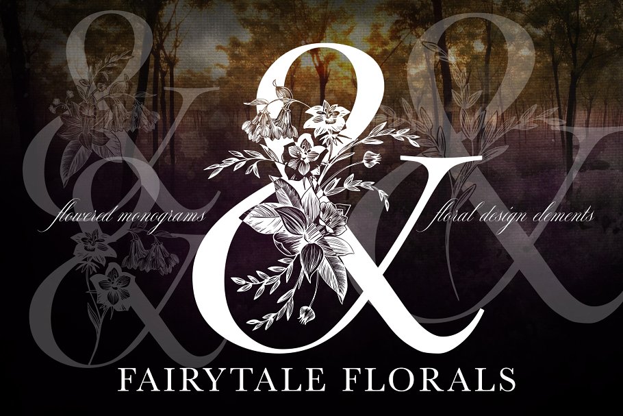 手绘花饰字母插画合集 Fairytale Florals Monogram Set插图(8)