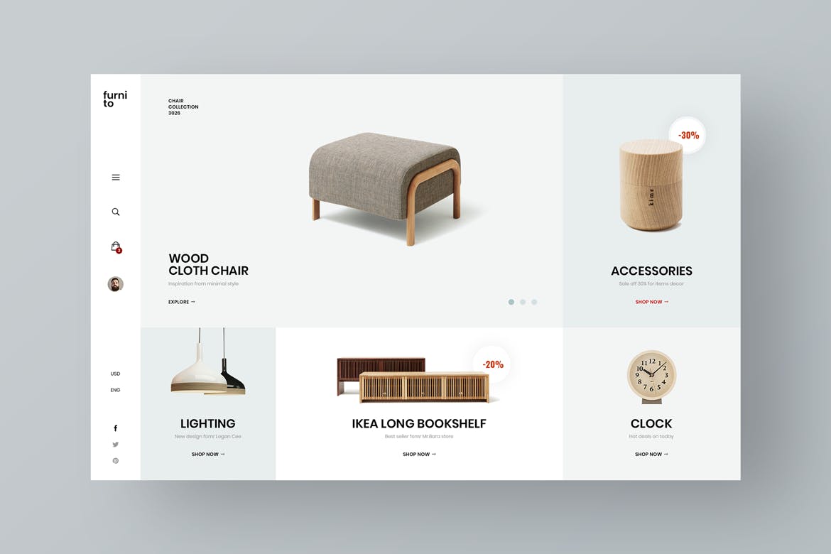 欧式家具网上商城网站UI界面设计套件 Furnito – Minimal Furniture Store插图(1)