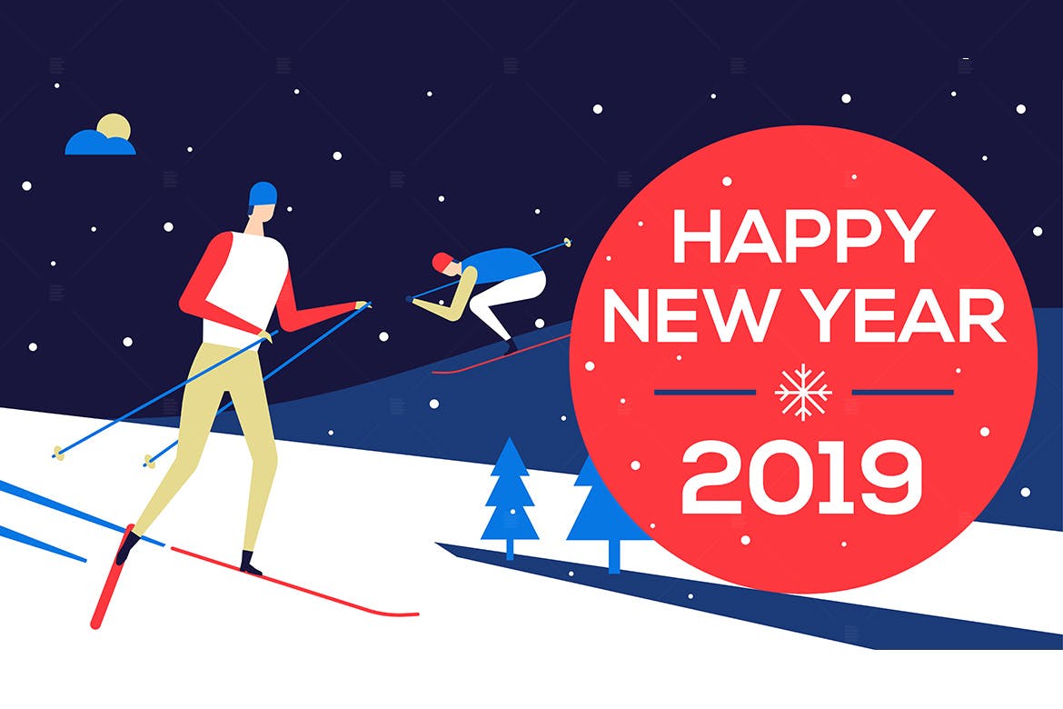 滑雪场景新年主题扁平化设计风格矢量插画 Happy new year 2019 – flat design illustration插图(1)