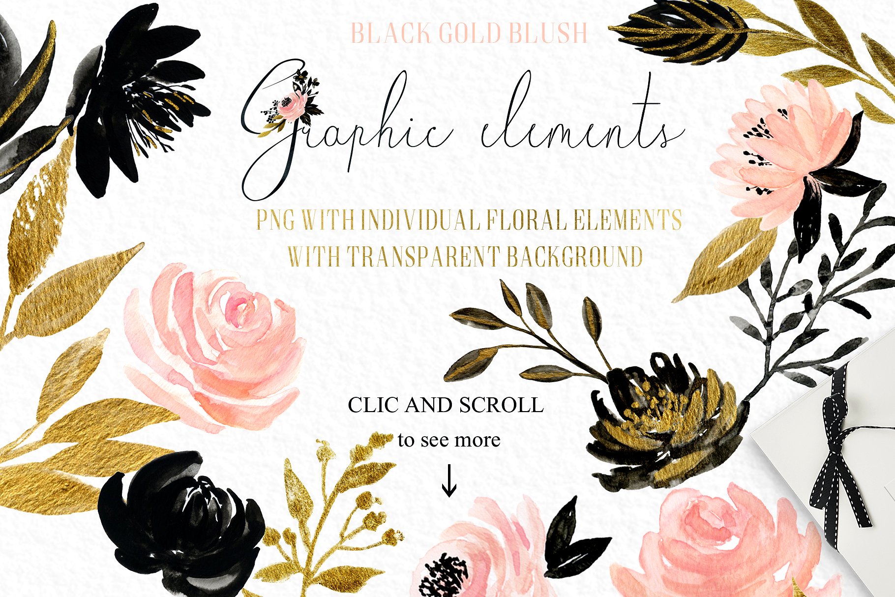 胭脂黑金水彩花卉剪贴画 Blush Gold Black. Floral graphics.插图(7)