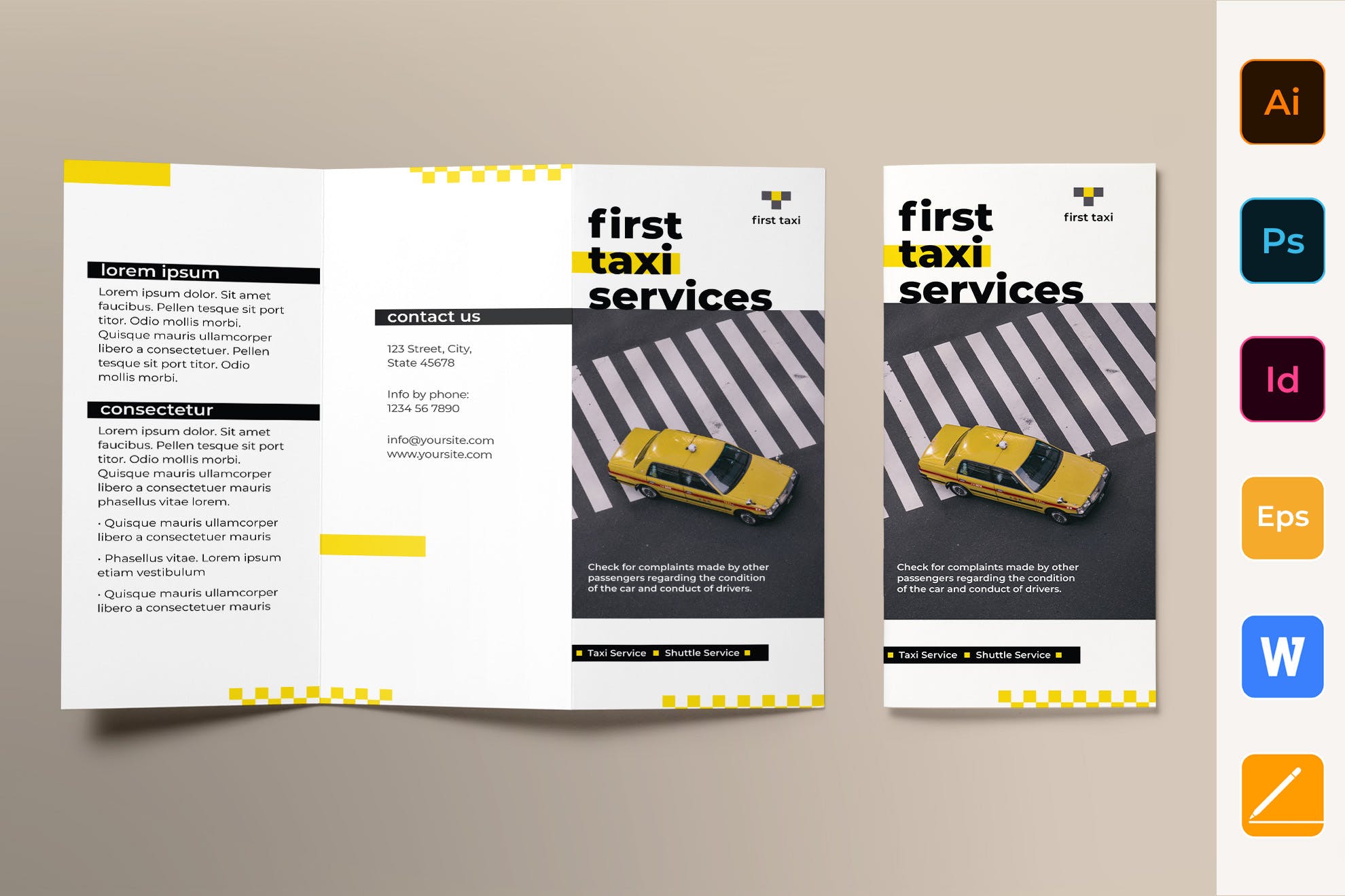 出租车/网约车服务三折页传单设计模板 Taxi Services Brochure Trifold插图