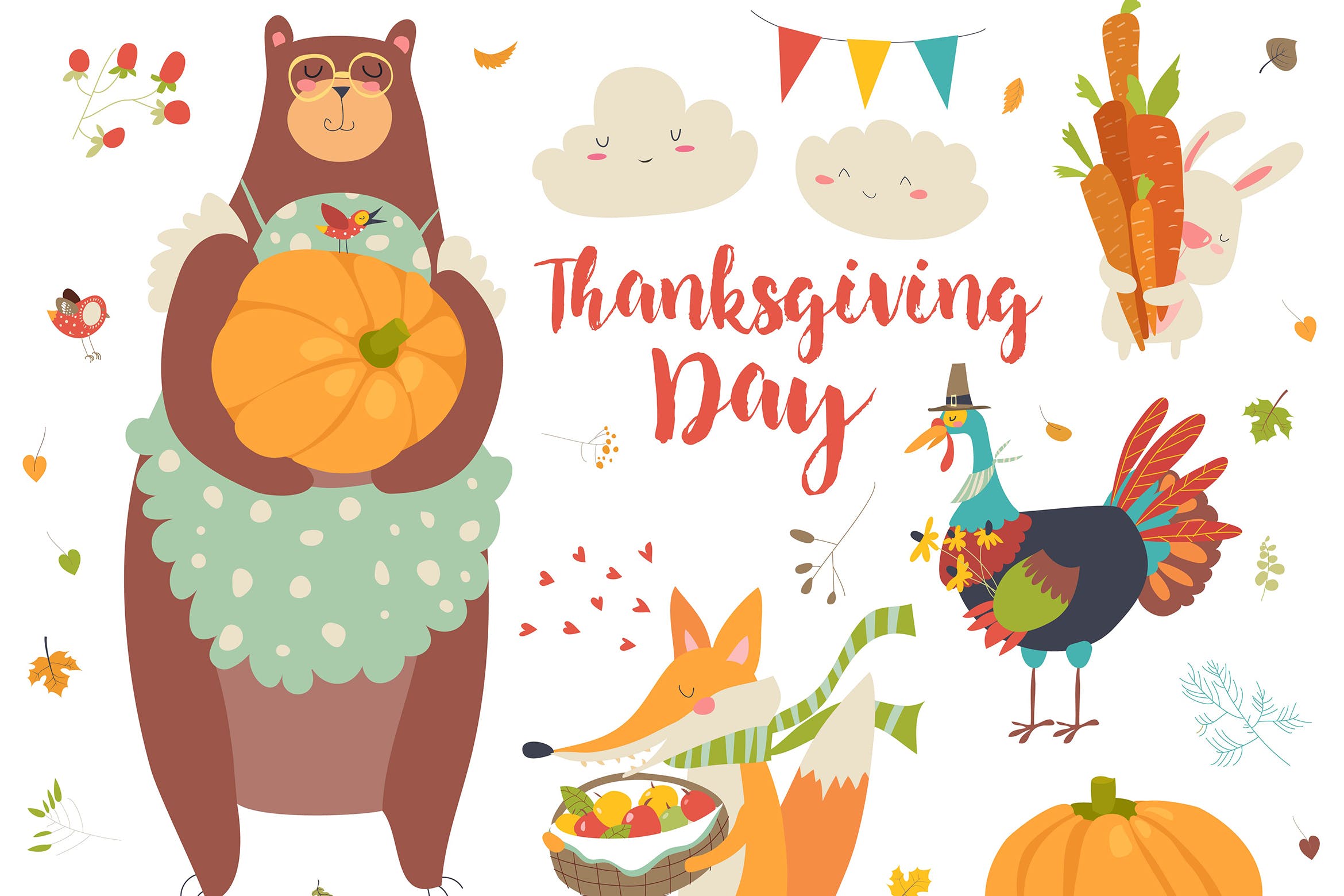 感恩节可爱动物手绘矢量图形素材 Thanksgiving set with cute forest animals, leaves插图