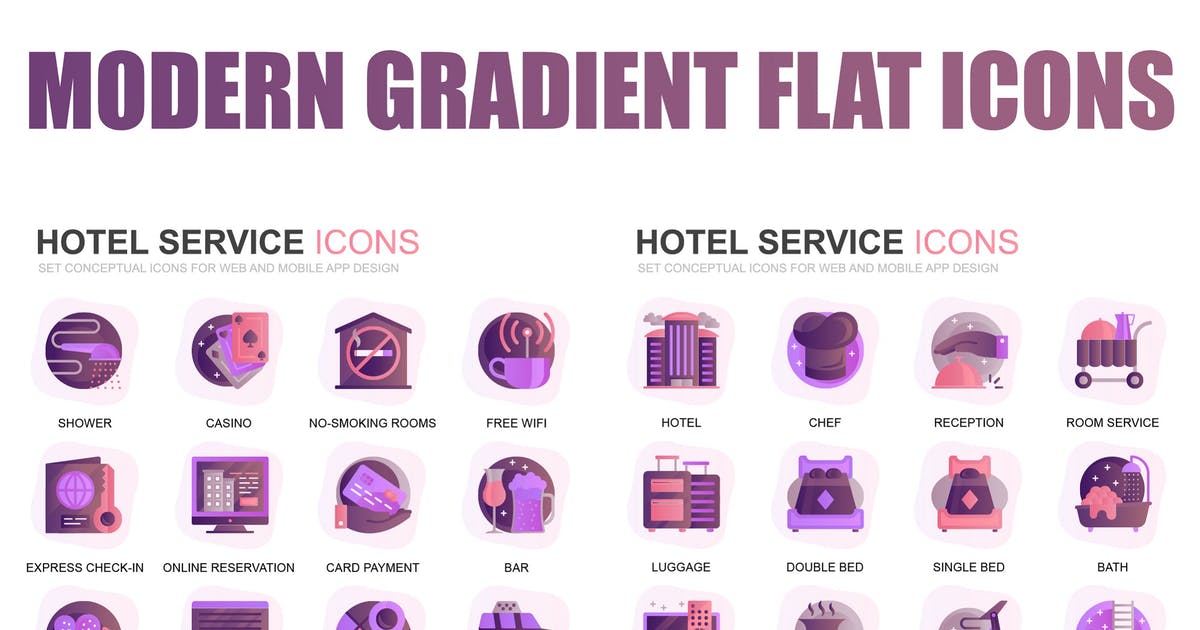 现代扁平化渐变设计风格酒店服务主题图标素材插图
