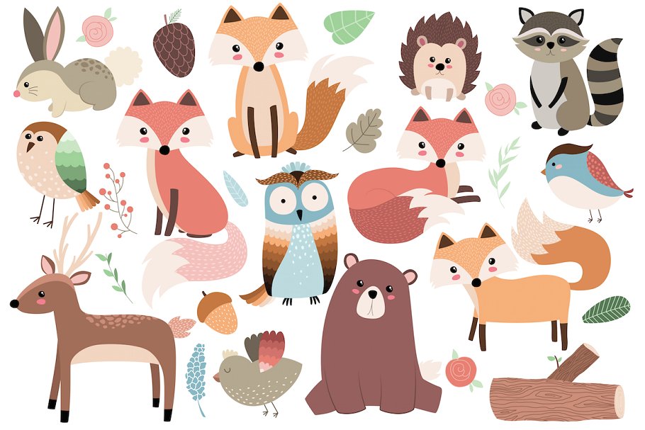 110个林地动物手绘动物插画剪贴画 110 pc Huge Woodland Clipart Set插图(2)