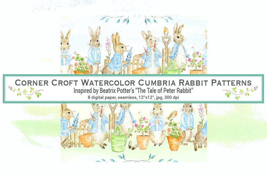 经典水彩兔子无缝图案 Watercolor Cumbria Rabbit Patterns插图(3)