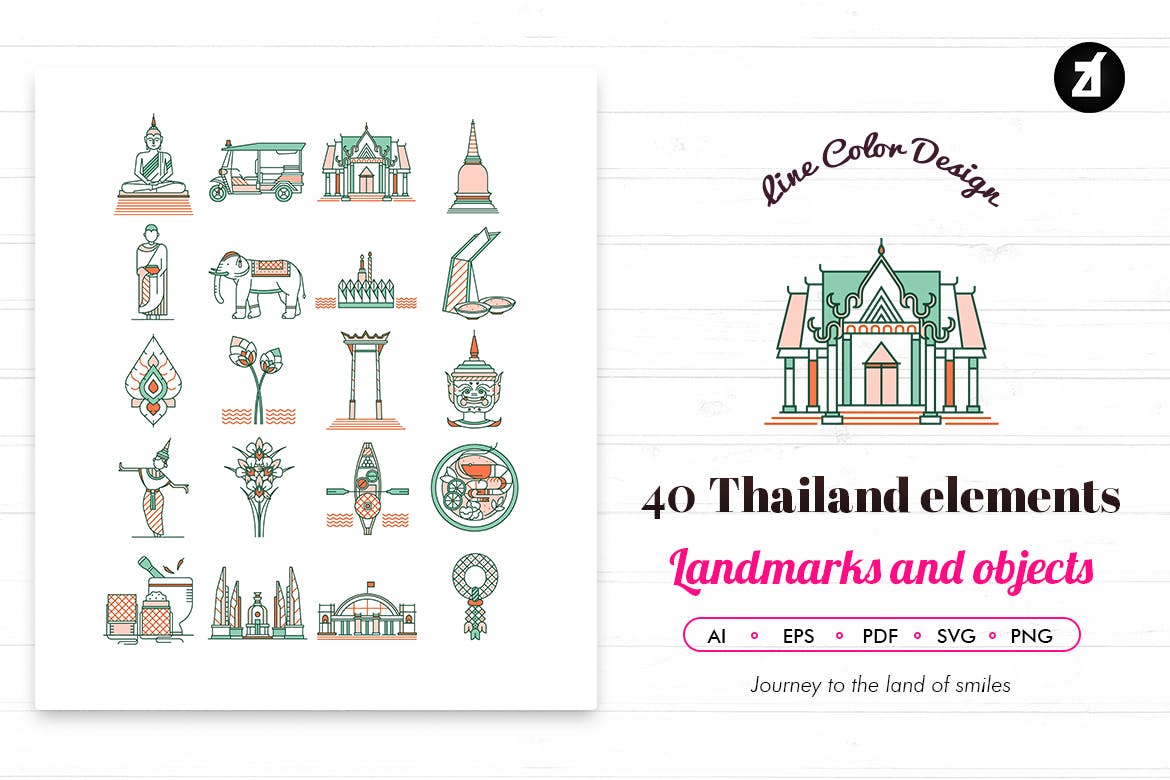 40款泰国地标/元素矢量图标素材 40 Thailand elements with bonus graphic template插图(1)