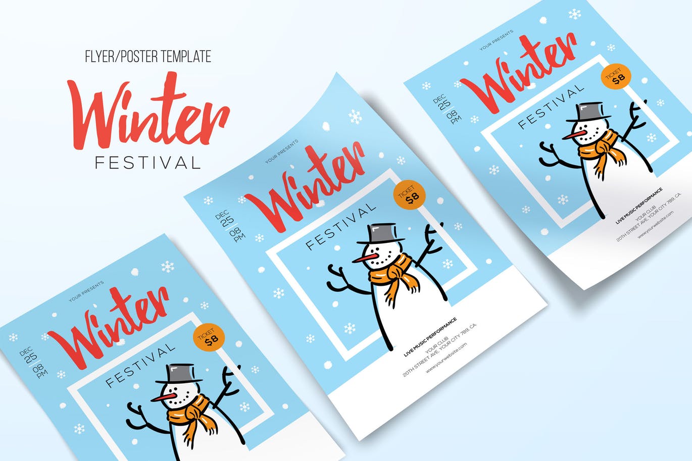 简笔画小雪人手绘图案冬天主题海报传单设计模板 Winter Festival插图