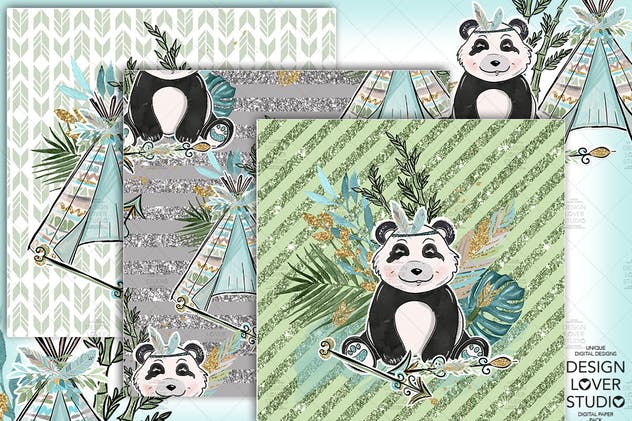 波西米亚风格熊猫无缝图案设计素材 Boho Panda digital paper pack插图(4)