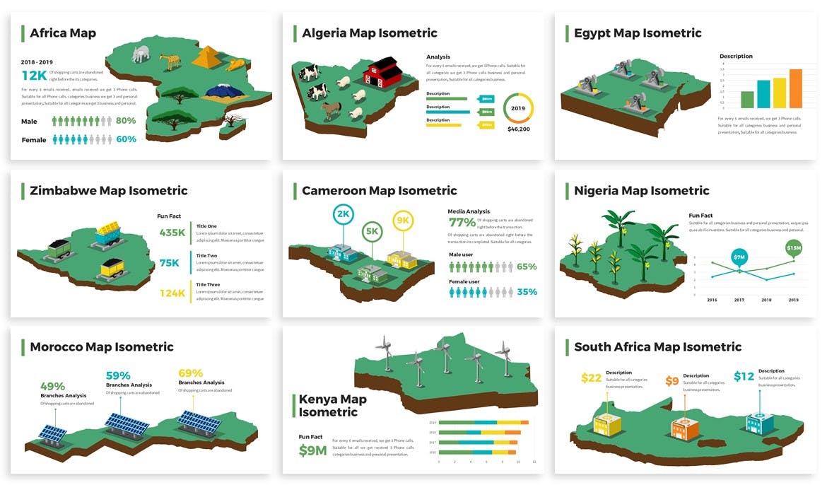 非洲国家地区地图图形Keynote幻灯片设计素材 Africa Maps Isometric & Legends For Keynote插图(1)