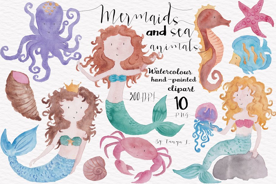 美人鱼水彩手绘剪贴画 Mermaids Watercolor Hand-painted插图