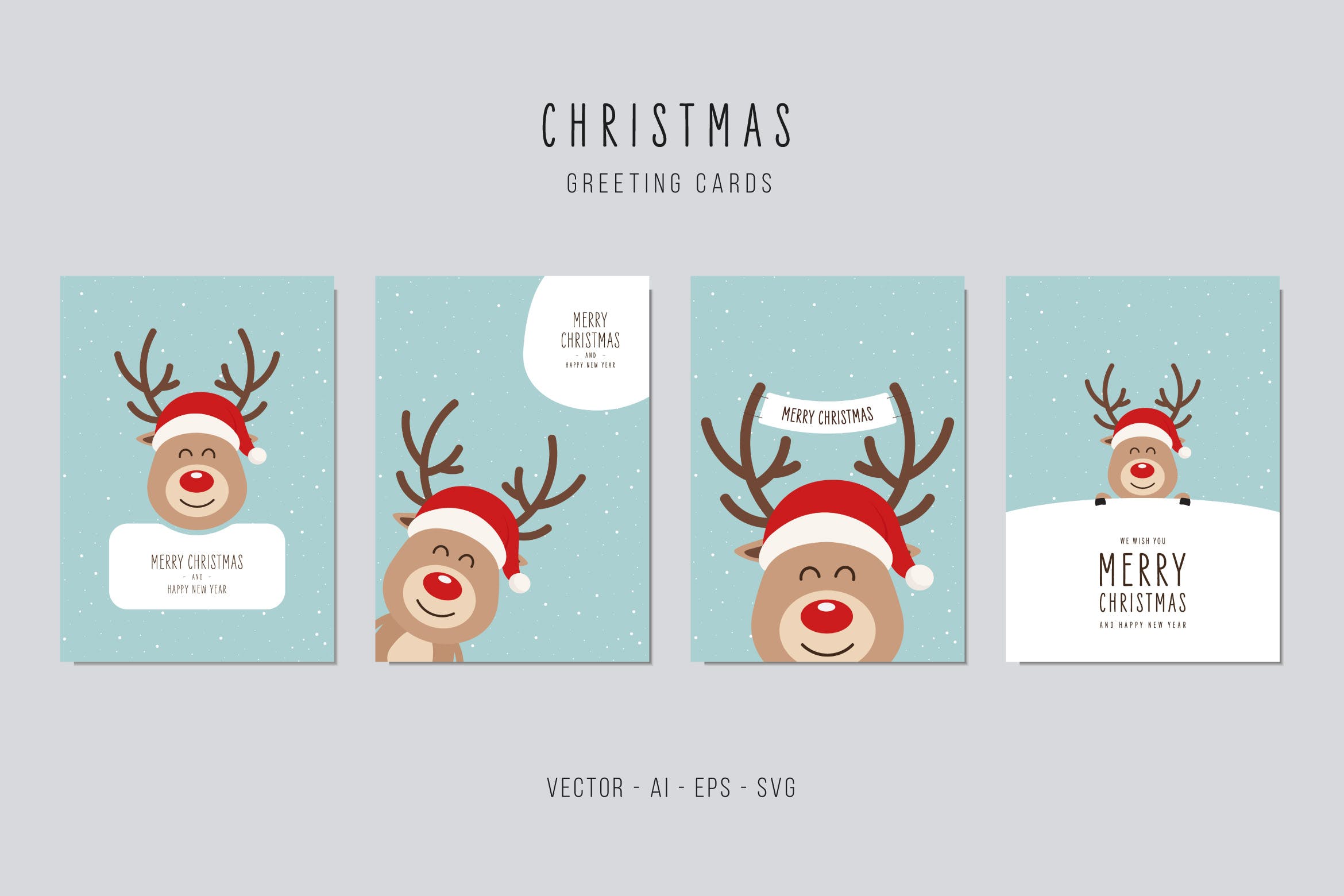 可爱卡通驯鹿圣诞节贺卡矢量设计模板 Christmas Reindeer Greeting Vector Card Set插图