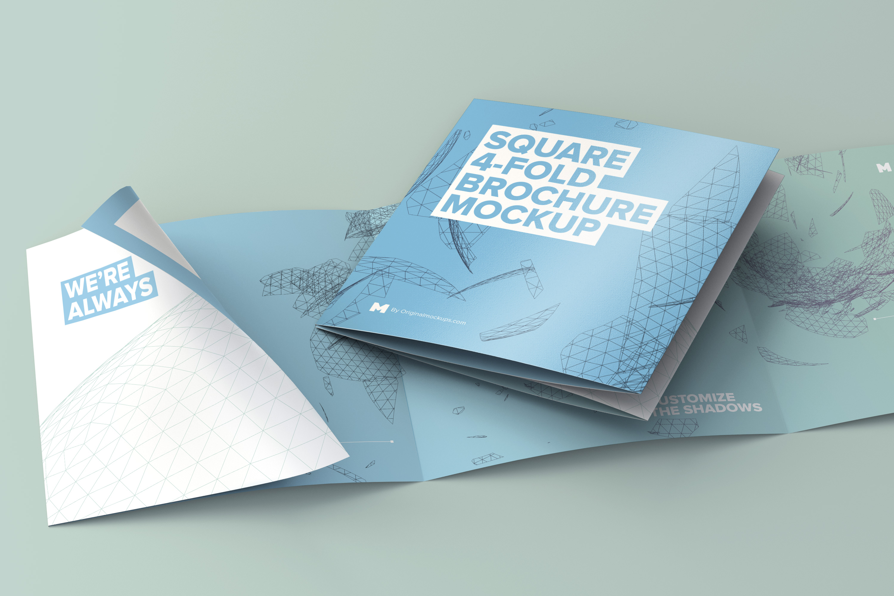 方形四折页设计小册子传单设计折叠和展开效果图样机模板 Folded and Unfolded Square 4-Fold-Brochure Mockup插图