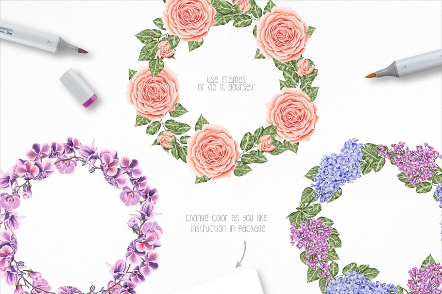 高质素记号笔手绘花卉素材[元素+纹理+花饰框] Flower Power Marker Collection Pro插图(3)