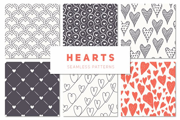 心形无缝纹理集 Hearts Seamless Patterns Set插图