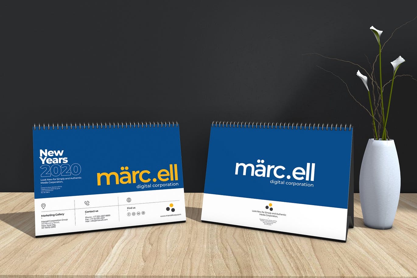 2020年深蓝色翻页台历表设计模板 Marcell Corporate Table Calendar 2020插图(1)