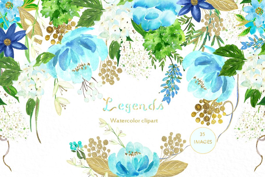 金色和蓝色水彩花卉插画 Gold & ligh blue. Watercolor flowers插图