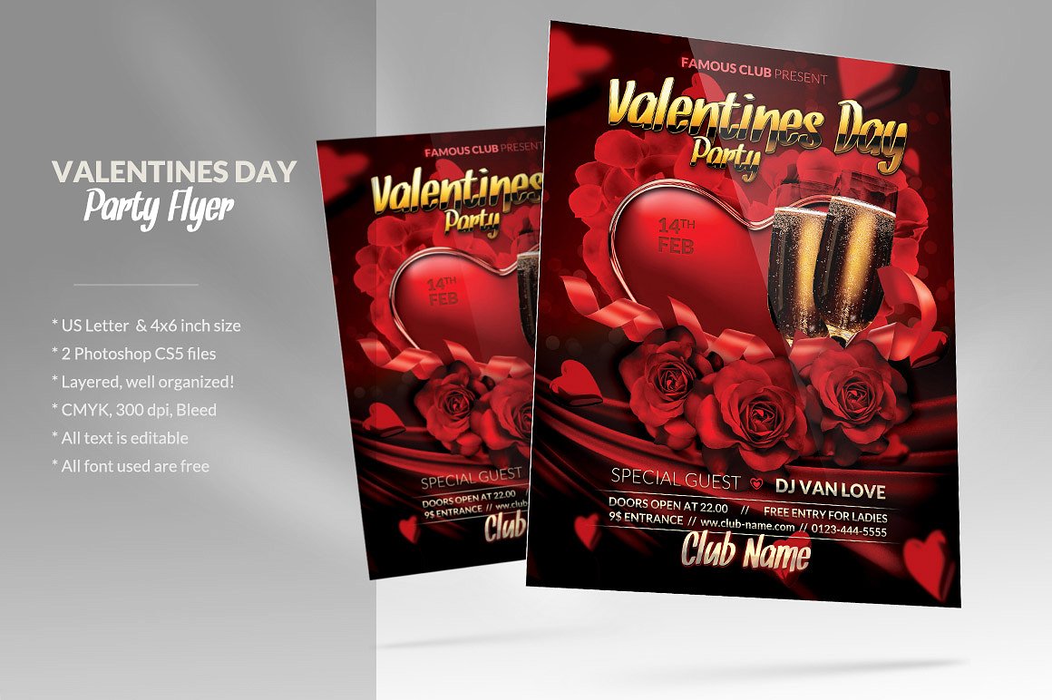 情人节派对宣传海报设计模板 Valentine’s Day Party Flyer插图