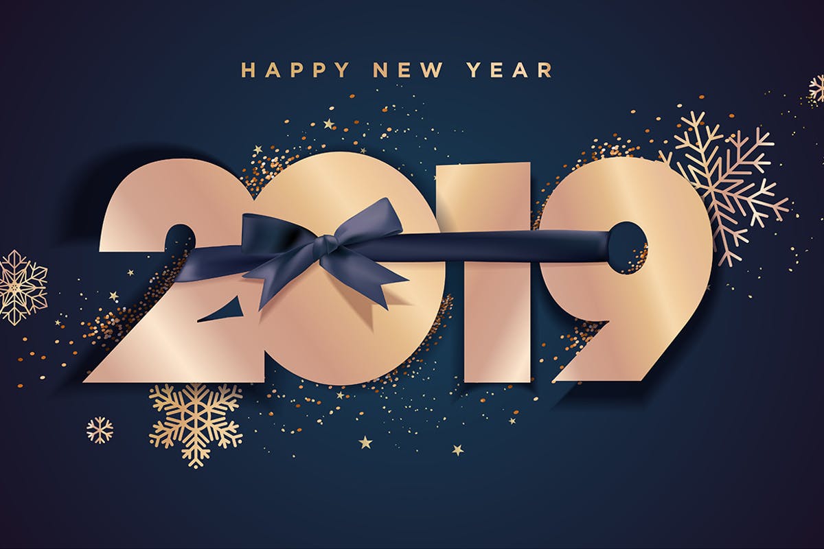 2019年新年礼品丝带装饰数字贺卡海报设计背景[铂金版本] Happy New Year 2019插图