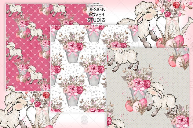 粉红系复活节礼品包装纸张图案纹理套装 Happy Easter Lamb digital paper pack插图(1)