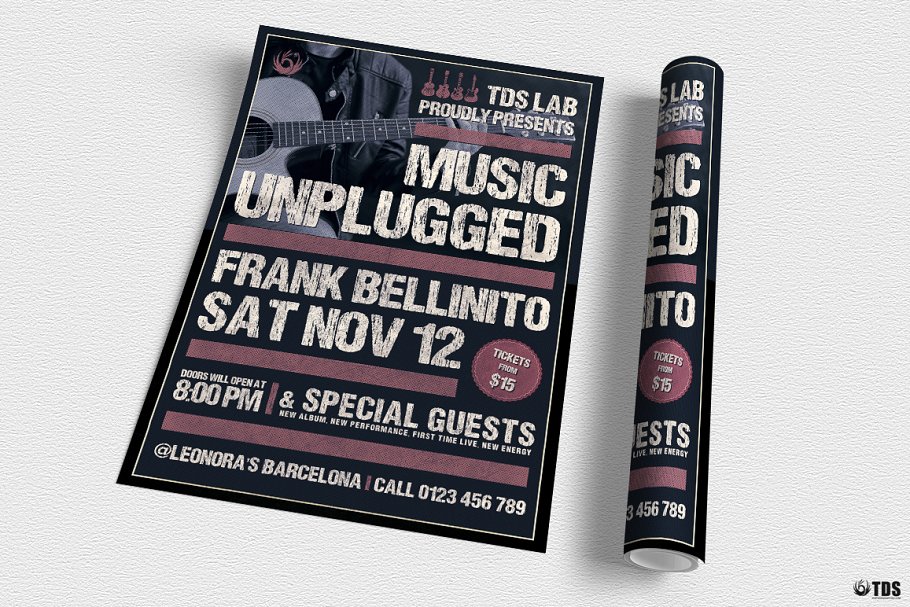 电吉他音乐表演宣传海报PSD模板 Music Unplugged Flyer PSD插图(2)