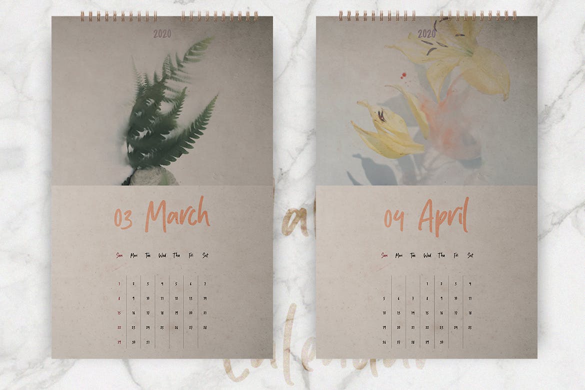 2020年植物花卉图案挂墙日历设计模板 Wall Calendar 2020 Layout插图(2)