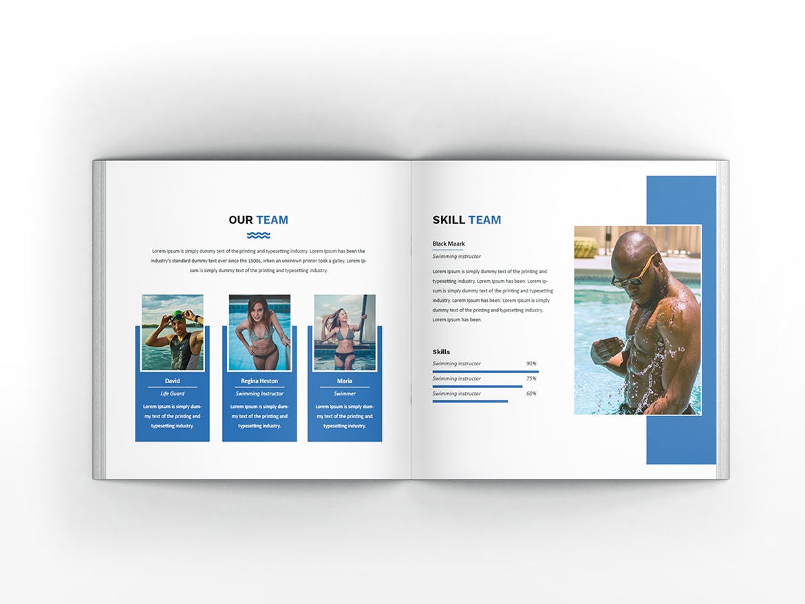 游泳培训课程方形宣传画册设计模板 Swimming Square Brochure Template插图(8)