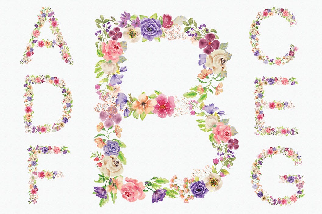 水彩手绘夏季混合花卉字母剪贴画PNG素材 Floral Alphabet: Mixed Summer Blooms插图(1)