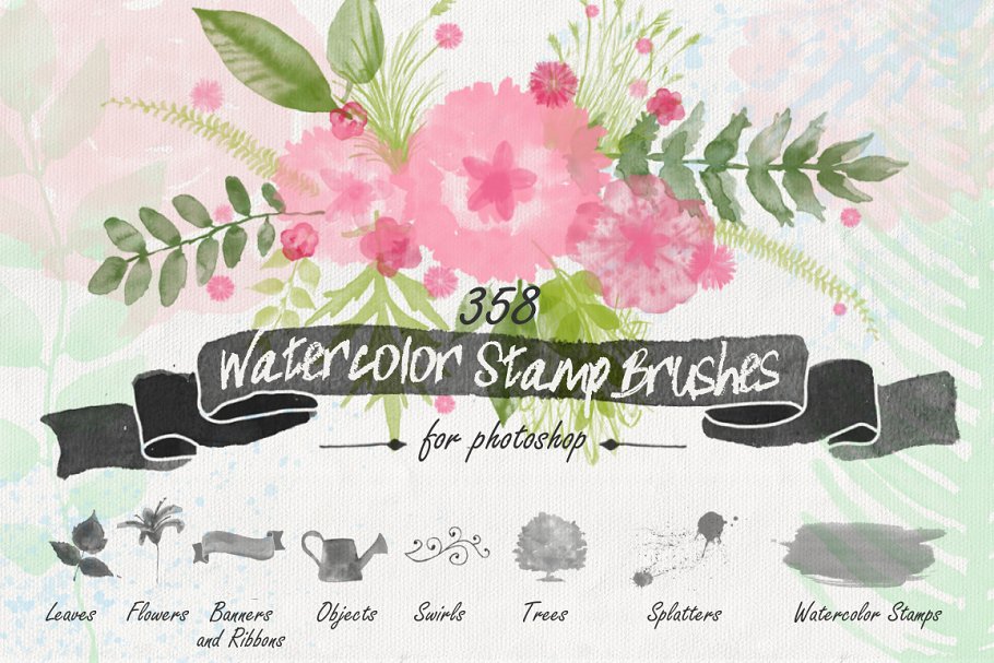 水彩花卉印章PS笔刷 Floral Watercolor PS Stamp Brushes插图