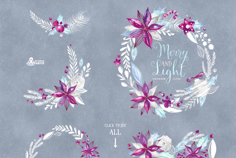 假日手绘水彩花卉剪贴画合集 Merry and Light. Holiday collection插图(2)