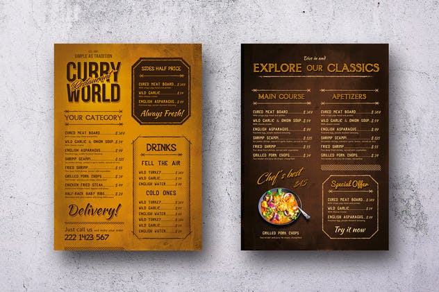 咖喱美食复古餐饮菜单PSD模板下载 Curry World Retro Menu Bundle插图(5)