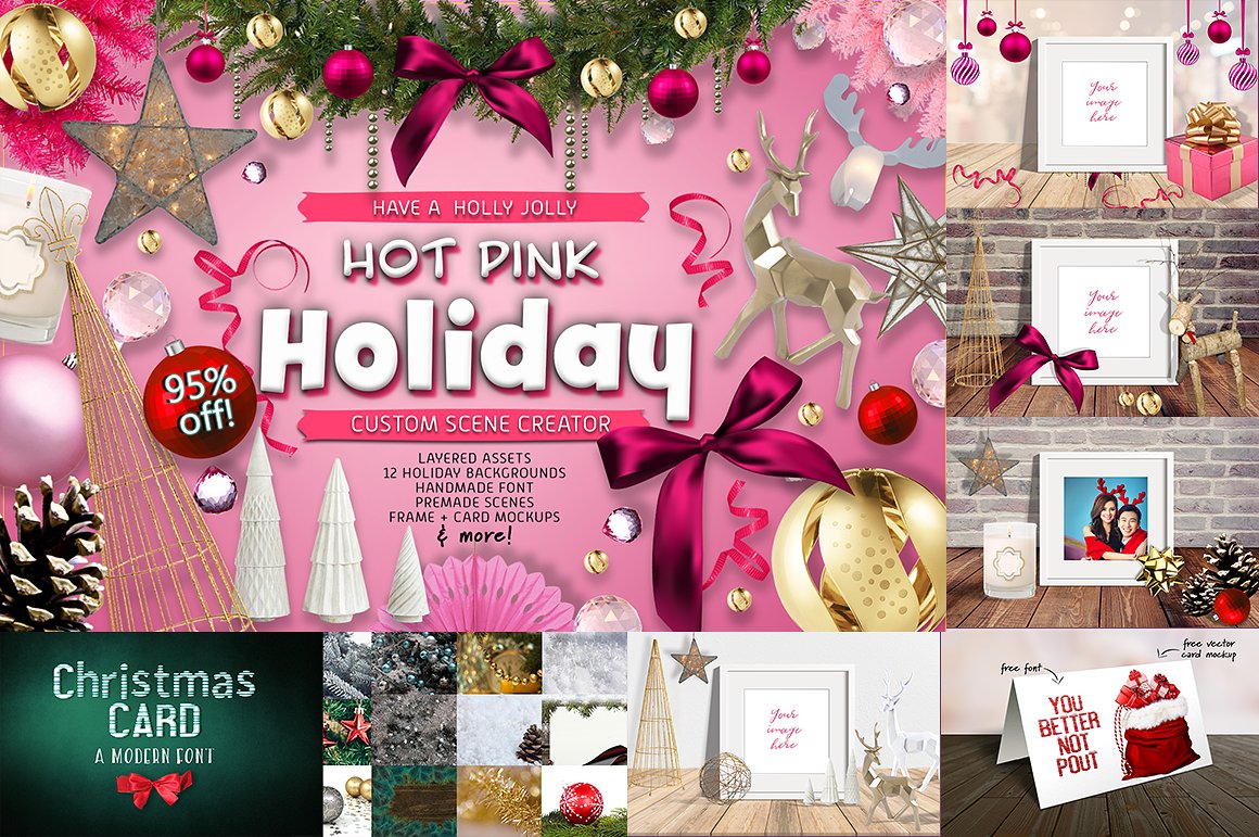 粉红色的新年圣诞节欢乐氛围场景样机展示模板mockups插图