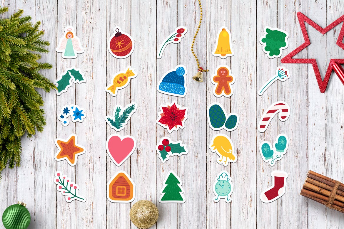 圣诞节&冬季主题贴纸图案矢量设计素材包 Christmas And Winter Stickers Set插图(1)