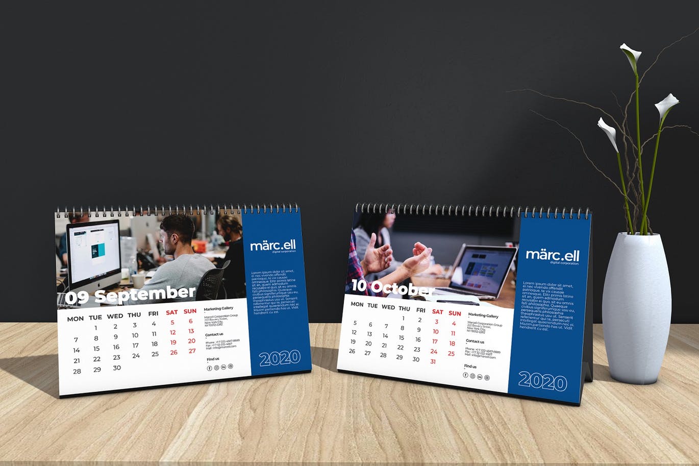 2020年深蓝色翻页台历表设计模板 Marcell Corporate Table Calendar 2020插图(6)