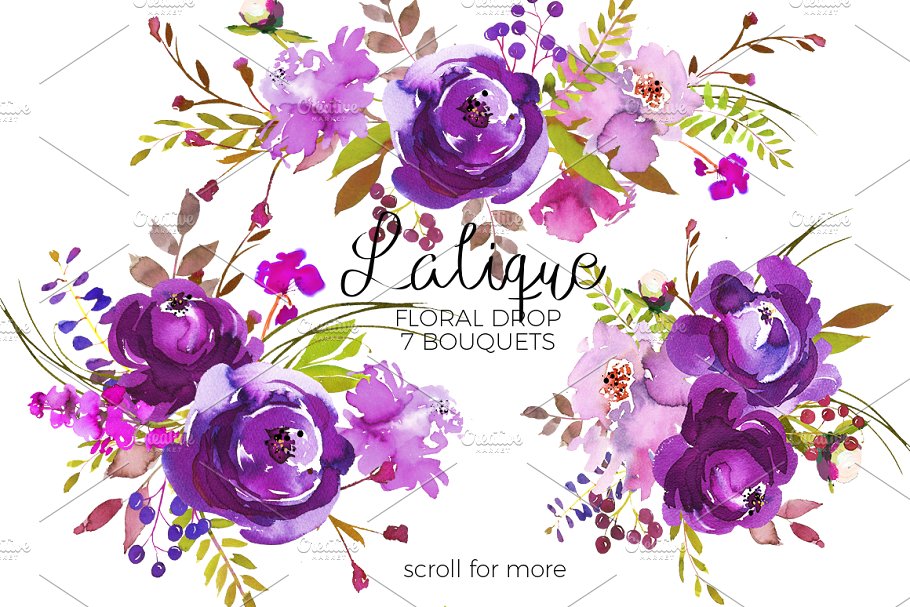 紫罗兰紫色花卉水彩剪贴画 Violet Purple Watercolor Flowers插图(1)