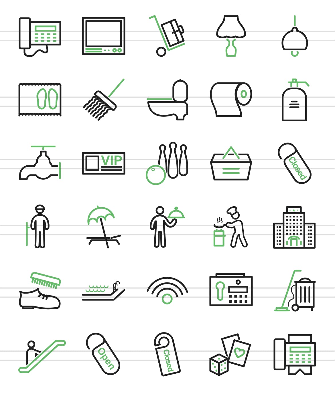 60枚酒店&餐厅线条图标素材 60 Hotel & Restaurant Line Green & Black Icons插图(2)