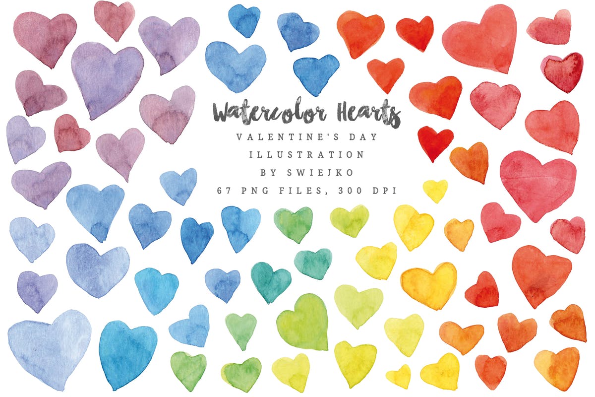 情人节彩虹色心形水彩插画合集 Watercolor Rainbow Hearts, Valentine’s Day插图