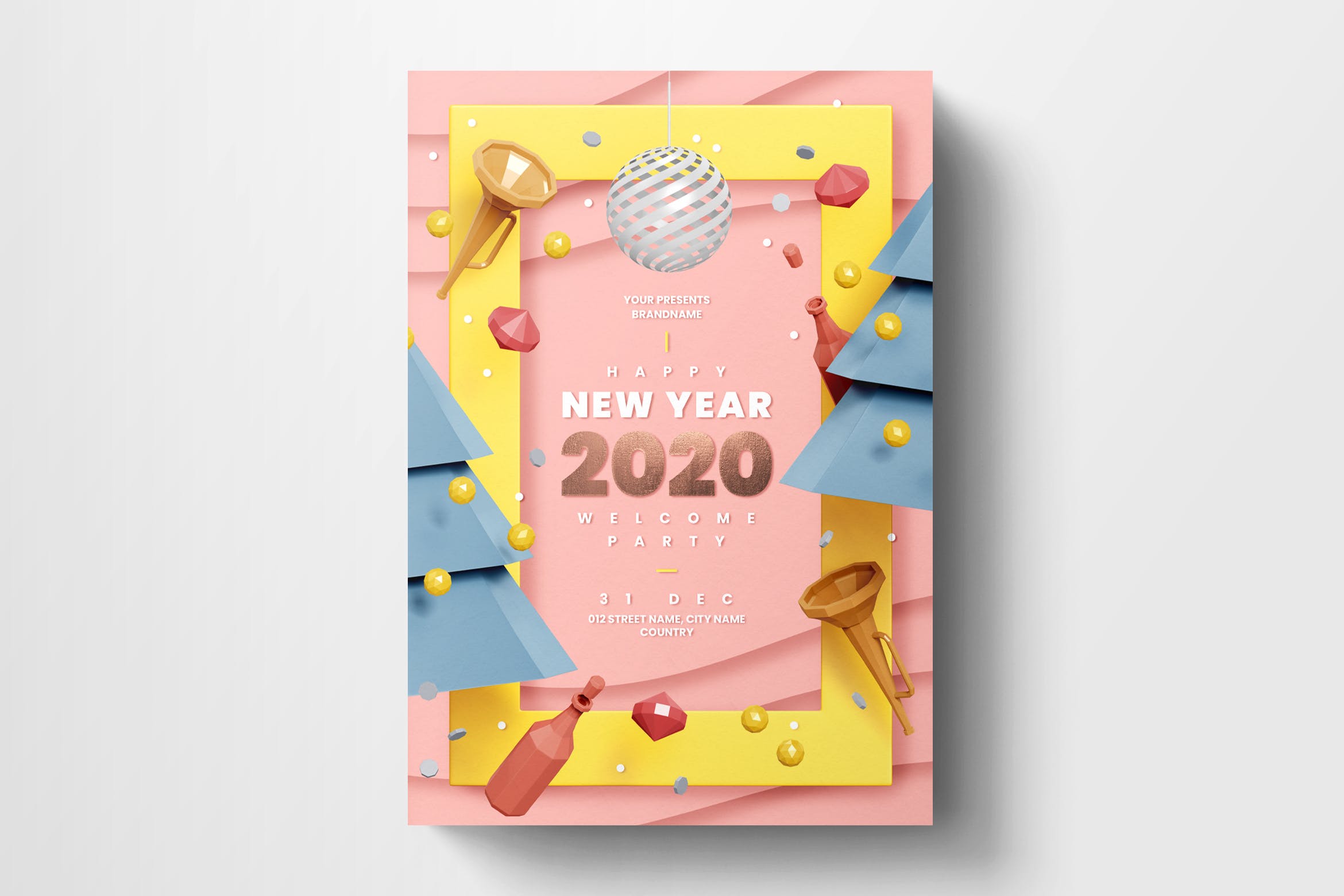 2020年新年庆祝活动剪纸艺术风格海报传单设计模板 New Year Party Flyer Tempalte插图