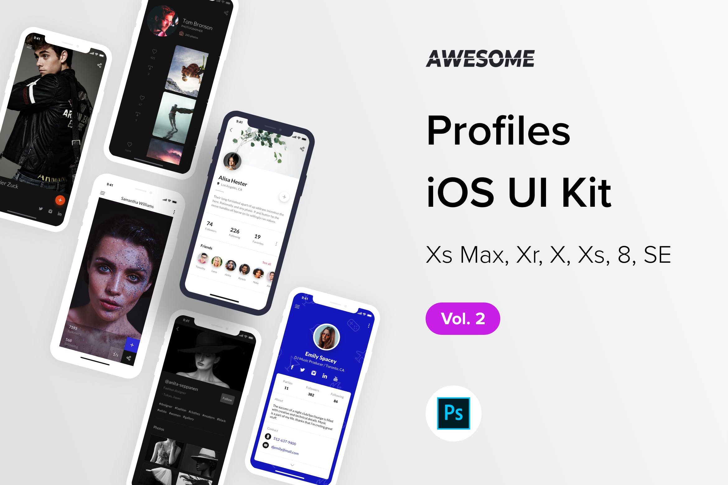 iOS平台职场社交APP应用个人中心界面设计UI套件PSD模板v2 Awesome iOS UI Kit – Profiles Vol. 2 (Photoshop)插图
