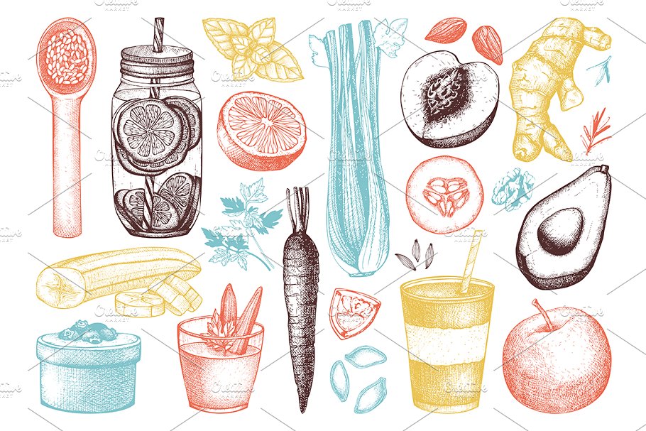 复古风格健康食品及饮料成分插画 Vegetarian Food Ingredients Set插图